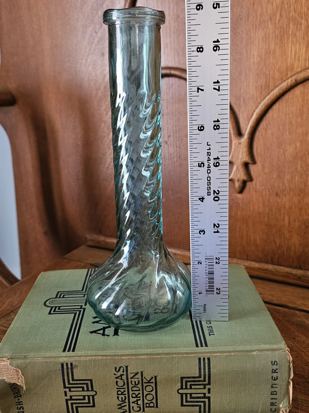 Vintage CFG Aqua Blue Green Swirl Glass Bud Vase 9.5